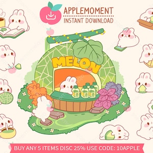 Süße Kawaii druckbare digitale Aufkleber Clipart Kaninchen Melon Juice Shop, PNG, Goodnotes, kommerziell