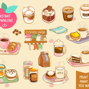 Kawaii Cafe Stickers, Cake and Coffee Art, Printable Planner Stickers ...
