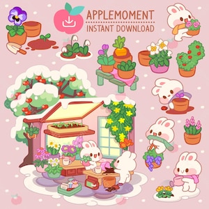 Süße Kawaii druckbare digitale Aufkleber Clipart Kaninchen Gartenarbeit im Winter, PNG, kommerzielle