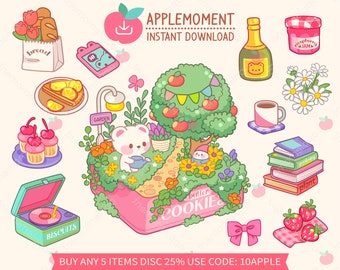 May include: A digital illustration of a cute cartoon apple tree with a pink box underneath. The box says "butter cookie". There are other cute cartoon illustrations around the tree, including a bear, a gnome, a record player, a cup of coffee, a book stack, a jar of jam, a bottle of wine, a loaf of bread, a plate of fruit, and a plate of cupcakes. The text "APPLEMOMENT INSTANT DOWNLOAD" is at the top of the image. The text "BUY ANY 5 ITEMS DISC 25% USE CODE: 10APPLE" is at the bottom of the image.