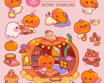 Kawaii Kürbis Geist Aufkleber, Herbst Clipart (digitaler Download)