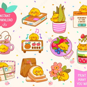 Cute Kawaii Imprimable Digital Autocollants Clipart Rainbow Daily Chicks Poulet, Correspondant, Lettre, Autocollants Planificateur imprimables, PNG, Commercial