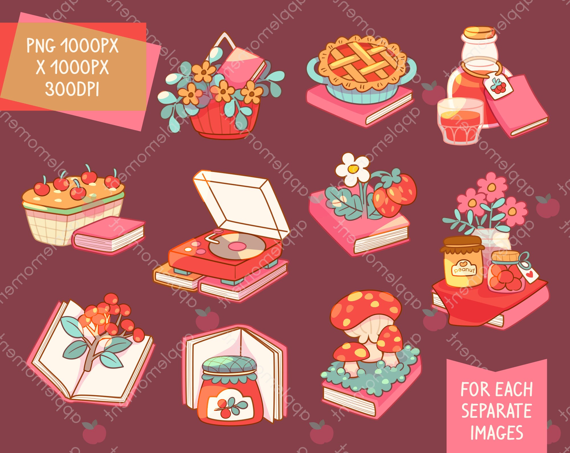 Cute Kawaii Printable Digital Stickers Clipart Pink Book, Food and ...