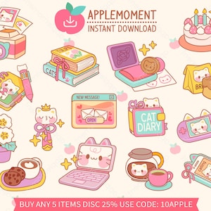 Süße Kawaii druckbare digitale Aufkleber Clipart Illustration Ästhetische Katze Gadget Lerntisch, PNG, Kommerziell