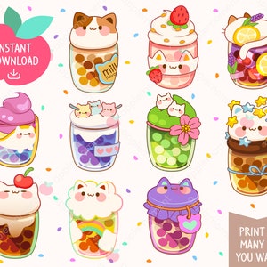 Boba Cat Clip Art Sticker PNG, lindos adesivos digitais para impressão Kawaii arco-íris, bebidas, adesivos de planejador para impressão, comercial