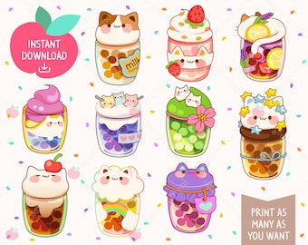 Boba Cat Clip Art Sticker PNG, Cute Kawaii Printable Digital Stickers Rainbow, Drinks, Printable Planner Stickers, Commercial