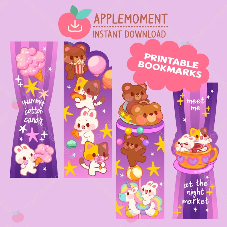 Cute Kawaii Printable Digital Bookmarks Yummy Cotton Candy, PNG ...