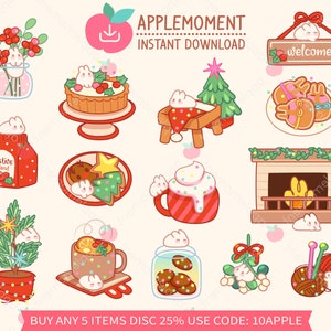 Süßer Kawaii druckbare digitale Aufkleber Clipart gemütlicher kleiner festlicher Winterhase Kaninchen, PNG, Goodnotes, kommerziell