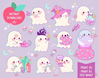 Cute Kawaii Printable Digital Stickers Clipart Purple Witch Cat Ghost, Daily Life, Printable Planner Stickers, PNG, Commercial