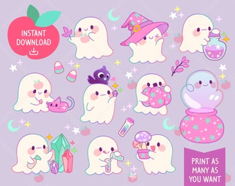 Lindo Kawaii Imprimible Pegatinas Digitales Clipart Púrpura Bruja Gato Fantasma, Vida Cotidiana, Pegatinas Planificador Imprimibles, PNG, Comercial