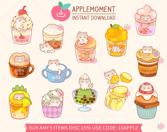 May include: A set of 12 digital illustrations featuring cute cartoon cats in various desserts and drinks. The illustrations include a cherry, coffee, boba, milk, candy, caramel, peach, pineapple, and lemon themed desserts. The text "APPLEMOMENT INSTANT DOWNLOAD" and "BUY ANY 5 ITEMS DISC 25% USE CODE: 10APPLE" are also included in the image.
