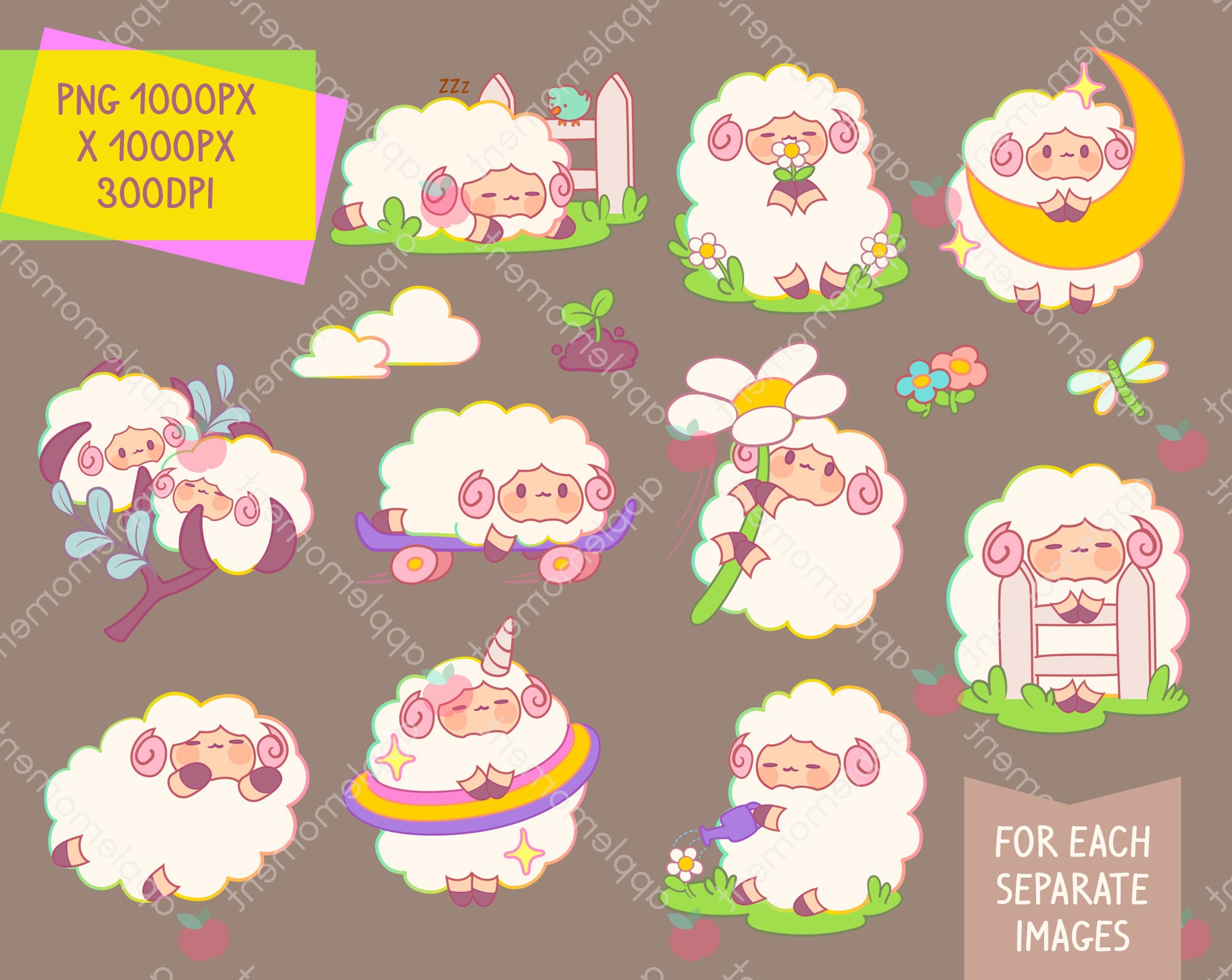 Cute Kawaii Printable Digital Stickers Clipart Daily Rainbow Sheep Lamb ...
