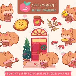 Niedliche Kawaii druckbare digitale Aufkleber Clipart Tier Nagetier Eichhörnchen Alltag Herbst Herbst Haus, PNG, Goodnotes, Kommerziell