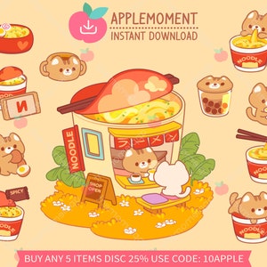 Süße Kawaii druckbare digitale Aufkleber Clipart Illustration Katze Ramen Tasse Noodle Shop, PNG, kommerzielle