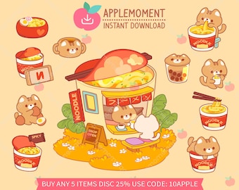 May include: A digital illustration featuring cartoon cats and ramen-themed elements. The image includes various cats interacting with ramen bowls and a noodle shop. The color palette is warm, with shades of orange, yellow, and brown. Text includes "APPLEMOMENT INSTANT DOWNLOAD".