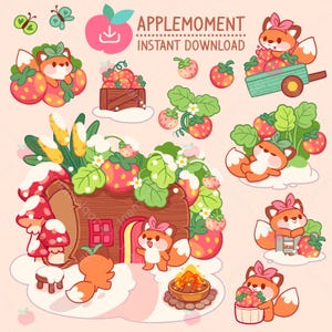 Stickers numériques imprimables kawaii mignons Clipart renard des baies avec des fraises des bois, PNG, commercial