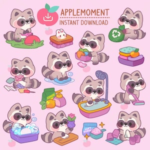 Stickers numériques imprimables kawaii mignons Clipart animaux raton laveur corvées quotidiennes, PNG, commercial