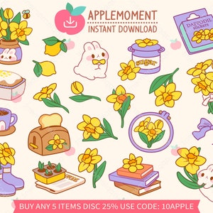Stickers numériques imprimables kawaii mignons Clipart lapin et fleur jonquille, PNG, Goodnotes, commercial
