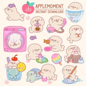 Süße Kawaii druckbare digitale Aufkleber Clipart Tiere Robbe Alltag, PNG, kommerziell