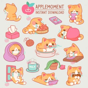 Lindos adhesivos digitales imprimibles kawaii, imágenes prediseñadas de animales, gatito triste, PNG, comercial