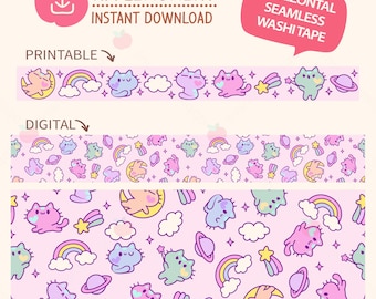 Kawaii Space Cat Pastell horizontale nahtlose Washi Tape Set, druckbare PNG Dateien (digitaler Download)