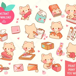 Kawaii Cat Stationery Clipart: Rainbow Peach Planner Stickers (PNG Digital Download)