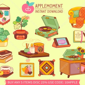 Autocollants numériques imprimables mignons Kawaii Clipart Petit bonheur Cosy Home, PNG, Goodnotes, Commercial