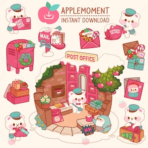 Schattige kawaii afdrukbare digitale stickers clipart dieren ijsbeer pinguïn postkantoor, png, commercial