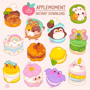 May include: A selection of twelve cartoon macarons in various colours. Each macaron has a unique design, such as animals, a rainbow, and a pumpkin. The image includes the text "APPLE MOMENT INSTANT DOWNLOAD" and an apple icon.