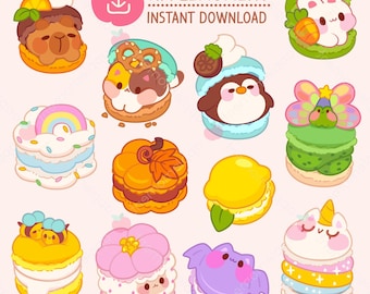 Puede incluir: Una colección de doce macarons coloridos de estilo caricatura. Cada macaron presenta un diseño diferente, incluyendo animales, un arcoíris y una calabaza. La imagen incluye el texto "APPLE MOMENT INSTANT DOWNLOAD" y un icono de manzana.