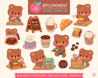 May include: A set of digital clipart featuring cute brown bears in various coffee shop scenes. The clipart includes a bear barista making coffee, a bear serving pastries, a bear making a sandwich, and a bear making cookies. The clipart also includes a sign that says "Bear Cafe", a coffee cup, a croissant, a coffee grinder, a coffee pot, a pastry, and a cookie.