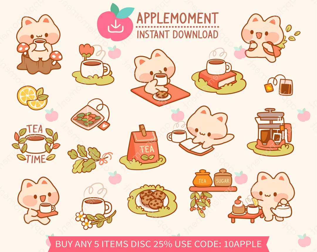 Cute Kawaii Printable Digital Stickers Clipart Kitty Cat Picnic Tea ...