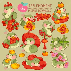 Carino Kawaii stampabile digitale adesivi clipart animali serpente capodanno cinese, PNG, commerciale