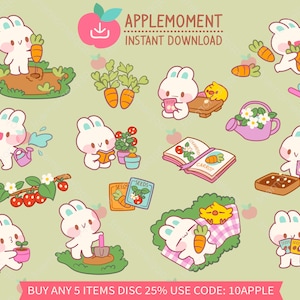 Kawaii Bunny Gardening Clipart Stickers: Carrot & Strawberry (PNG Digital Download)