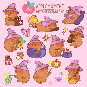 Schattige kawaii afdrukbare digitale stickers clipart dieren magische tovenaar capibara, png, commercieel