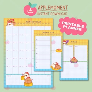 May include: A set of printable planners with a whimsical design. The planners include a monthly plan, weekly plan, and a plan with a to-do list and notes section. The design features cartoon chickens, apples, and a yellow and blue plaid pattern.