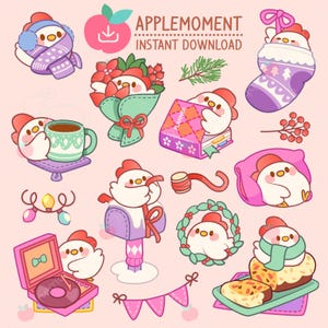 Schattige kawaii afdrukbare digitale stickers clipart haan kip in de winter, png, commercial