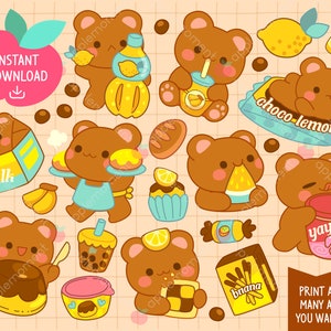 Simpatico orso e snack clipart digitale kawaii, cibo e dessert, adesivi planner stampabili, cricut e silhouette, commerciale