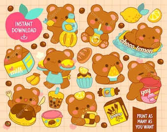 Cute Kawaii Digital Clipart Bear and Snack, Food and Dessert, Printable Planner Stickers, Cricut and Silhouette, Commercial