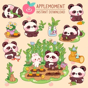 Schattige kawaii afdrukbare digitale stickers clipart dieren panda en konijn tuinieren, png, commercieel