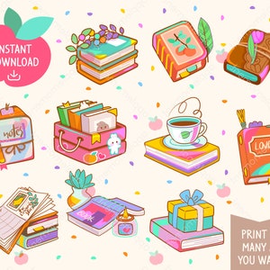 Kawaii Books Clipart Stickers: Rainbow Journal, Notepad (PNG Digital Download)