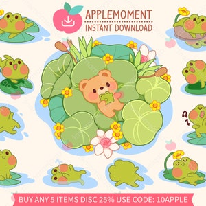 Lindas pegatinas digitales imprimibles Kawaii Clipart Oso pardo y rana chillin en un estanque, PNG, Comercial