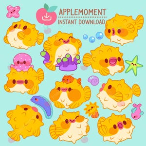 Puede incluir: Un conjunto de ilustraciones digitales con varios peces globo amarillos sobre un fondo azul claro. El texto dice APPLE MOMENT INSTANT DOWNLOAD. Incluye pequeñas criaturas marinas como un pulpo rosa, una estrella de mar y una anguila azul.