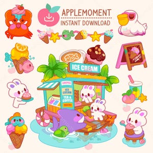 Adesivi digitali stampabili kawaii carini Clipart Animali Coniglietto Gelateria a Fish Town, PNG, Commerciale