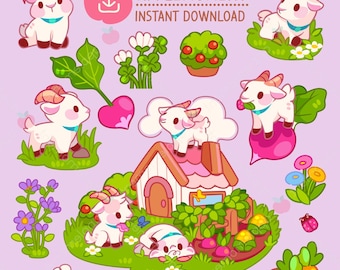 Kawaii Ziege Clipart Aufkleber, Bauernhof Tiere PNG (digitaler Download)