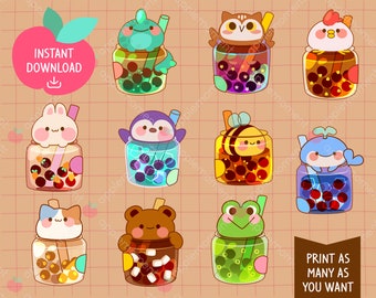 May include: Ten digital printable stickers featuring cute cartoon animals in glass jars with boba tea. The animals include a bunny, a penguin, a bee, a whale, a cat, a bear, a frog, an owl, a chicken, and a frog. The text "INSTANT DOWNLOAD" is in a red apple shape.