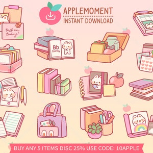Lindo Kawaii Imprimible Digital Pegatinas Clipart Ilustración Estudio Conejito, PNG, Comercial