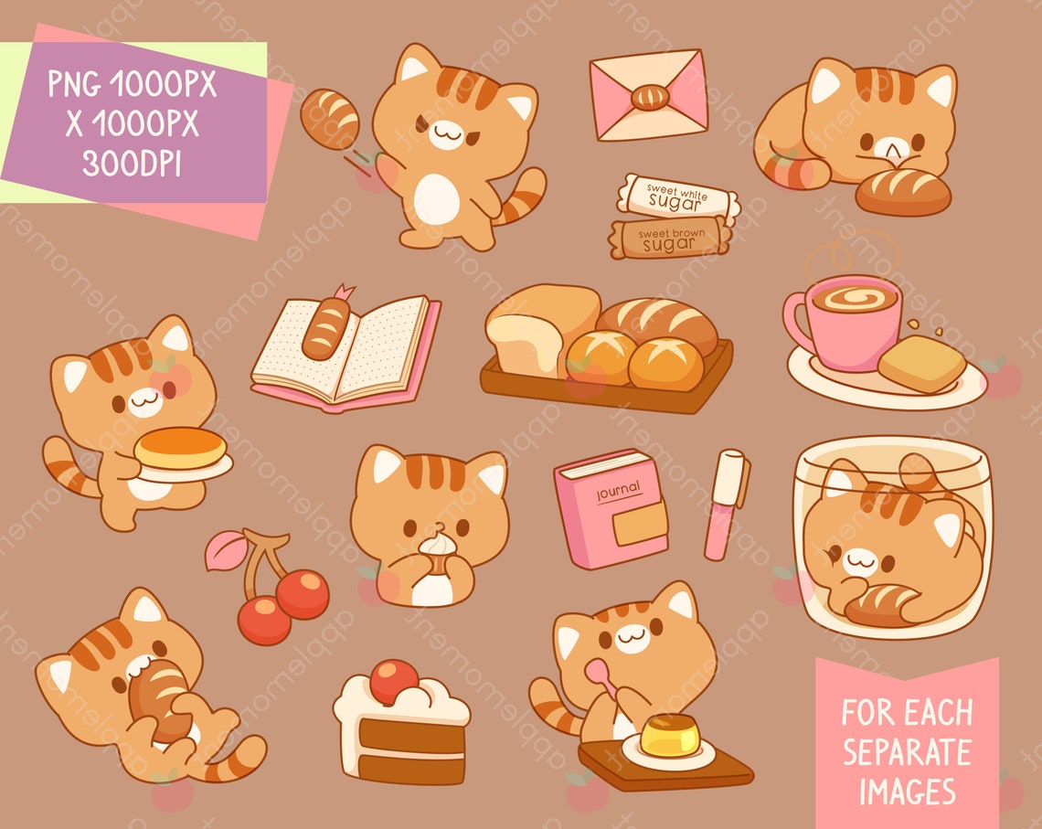 Cute Kawaii Printable Digital Stickers Clipart Brown Orange Pink Kitty Cat, Bread and Books ...