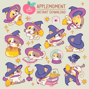 Lindos adhesivos digitales imprimibles kawaii, imágenes prediseñadas de animales, gatito brujita descarada, PNG, comercial