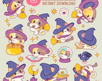 Kawaii Hexe Kitty Katze Clipart Aufkleber, PNG (digitaler Download)